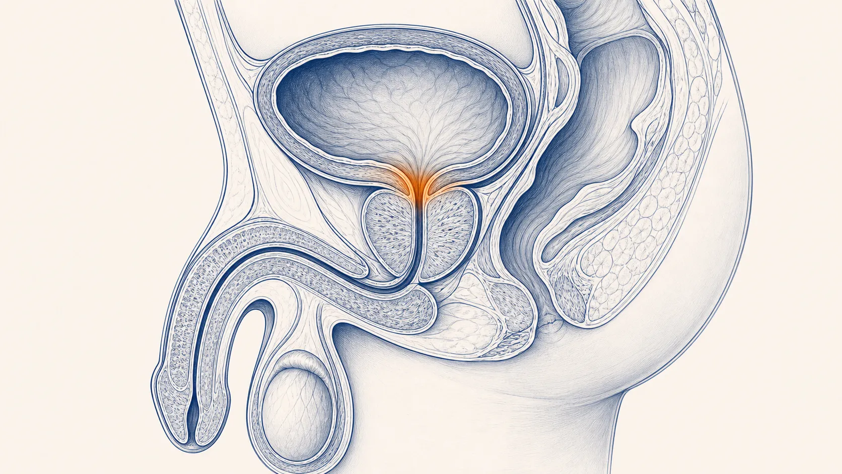 Medical anatomical illustration of bladder neck contracture — sagittal view of lower urinary tract highlighting BNC zone