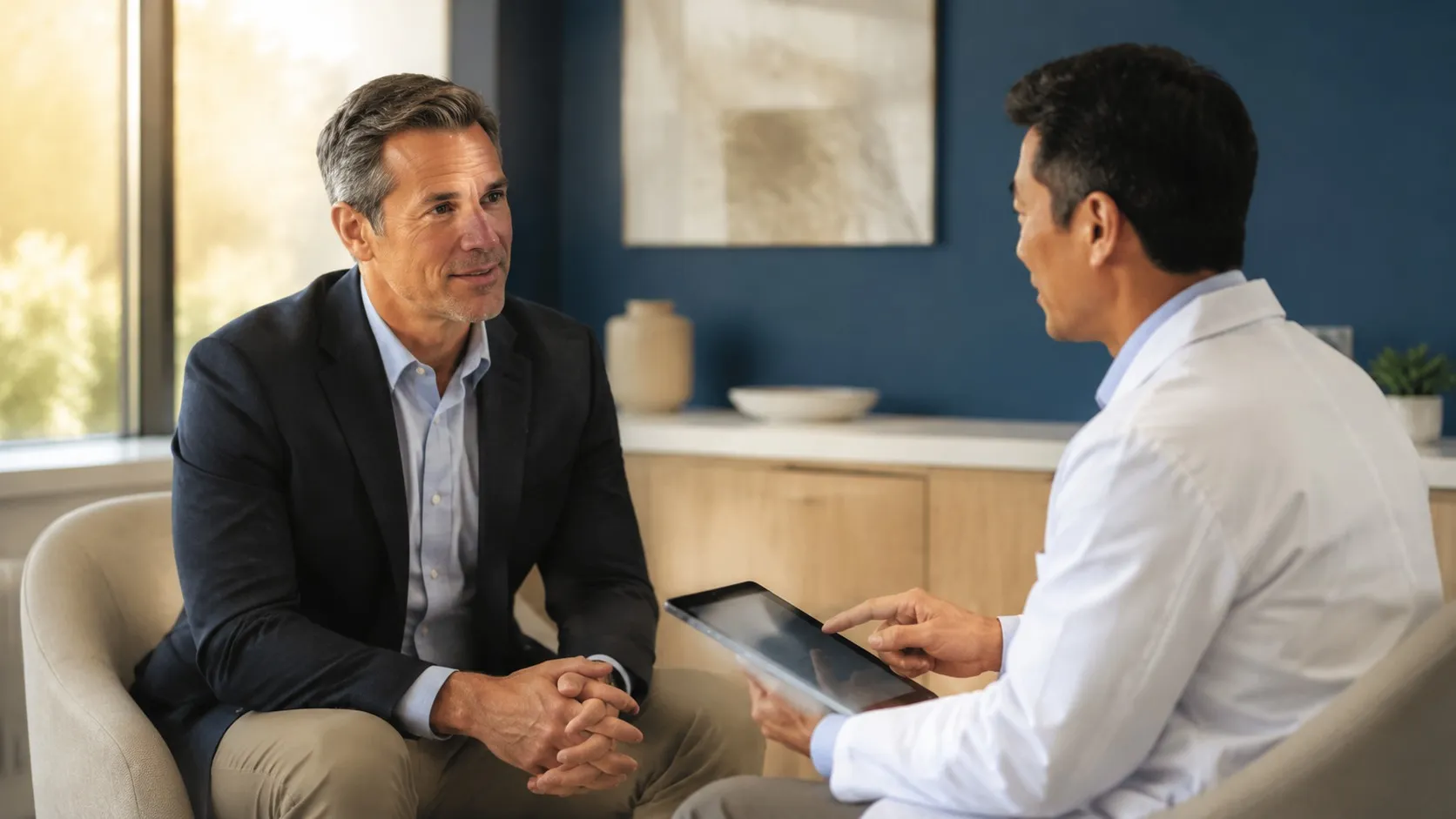 Patient discussing BPH treatment risks with urologist in modern clinic