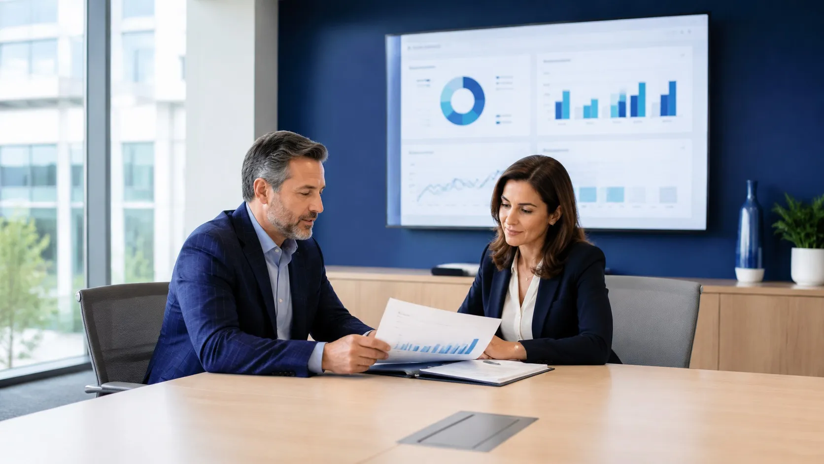Healthcare executives reviewing BPH MIST market strategy in hospital conference room