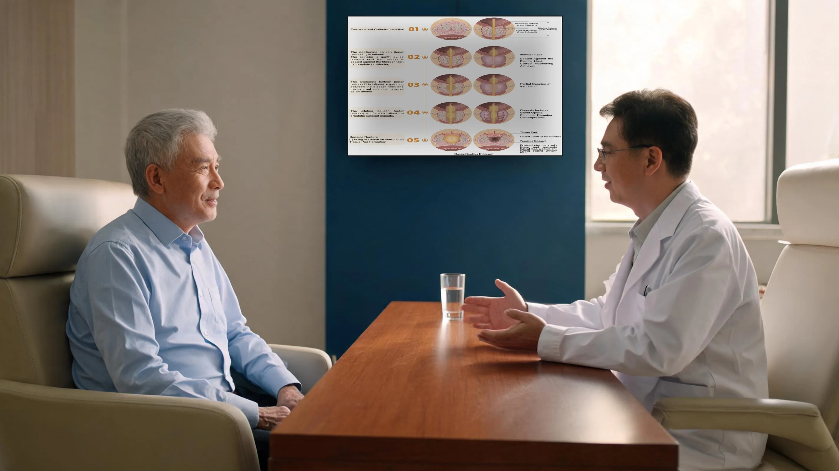 Urologist explaining TUCBDP procedure — with real procedure flow diagram displayed on wall screen
