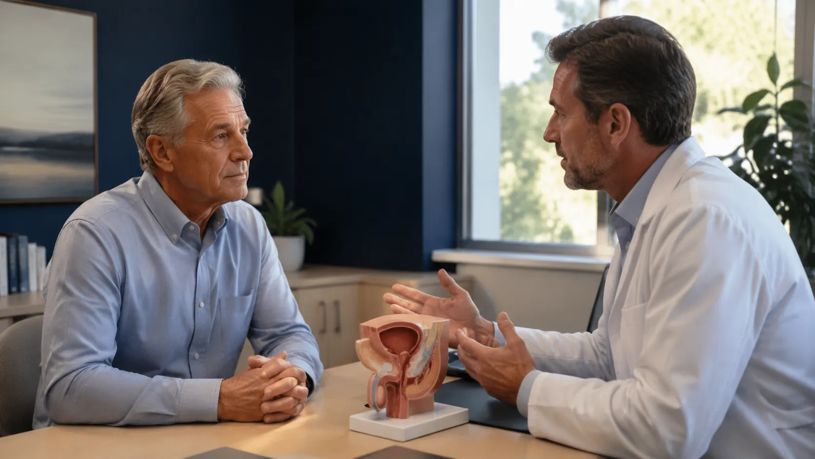 Urologist discussing BPH treatment options and sexual function preservation with elderly patient