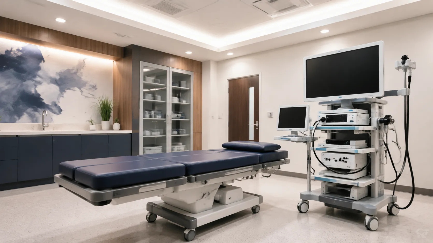 Modern urology procedure room with endoscopy equipment